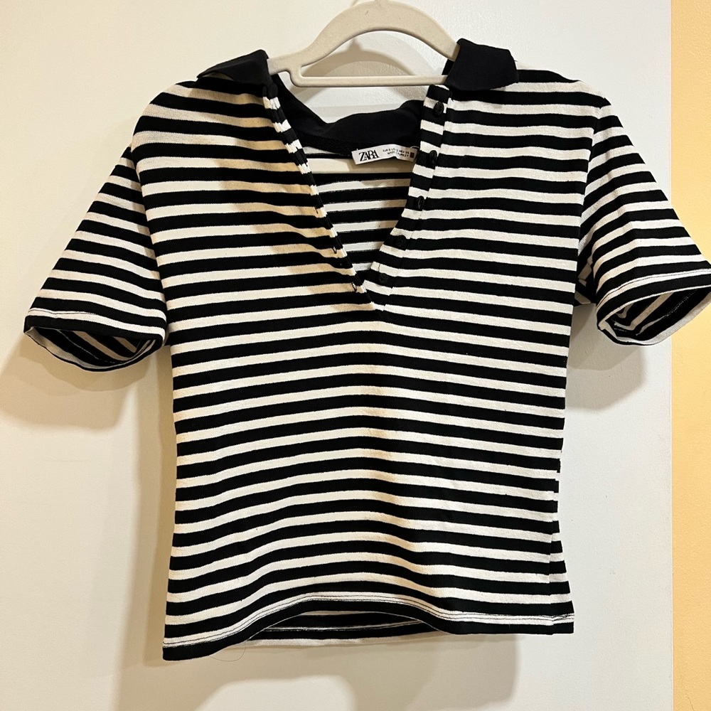 Zara striped t-shirt with button and collar detailing. Never worn.